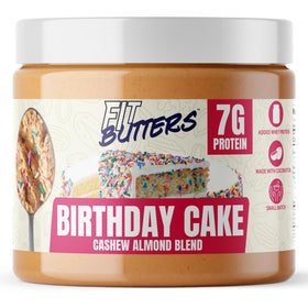 Fit Butters Birthday Cake Spread jar with sprinkles for a protein-packed dessert treat.