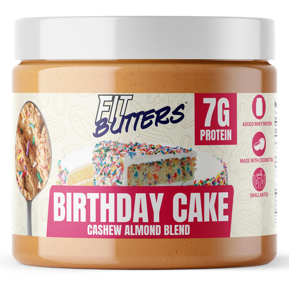 Fit Butters Birthday Cake Spread jar with sprinkles for a protein-packed dessert treat.