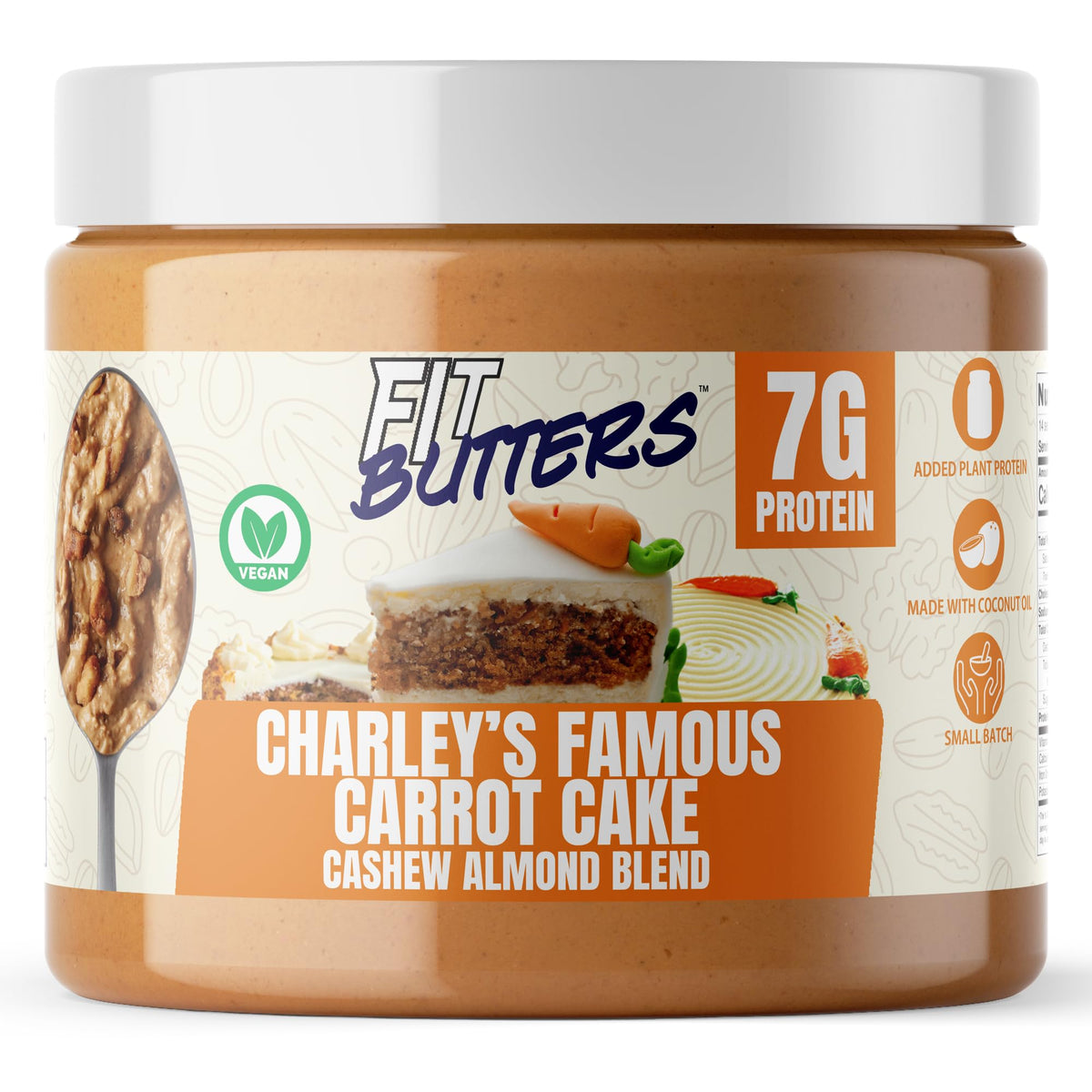 Fit Butters Charley’s Carrot Cake jar with real candied walnuts in a vegan spread