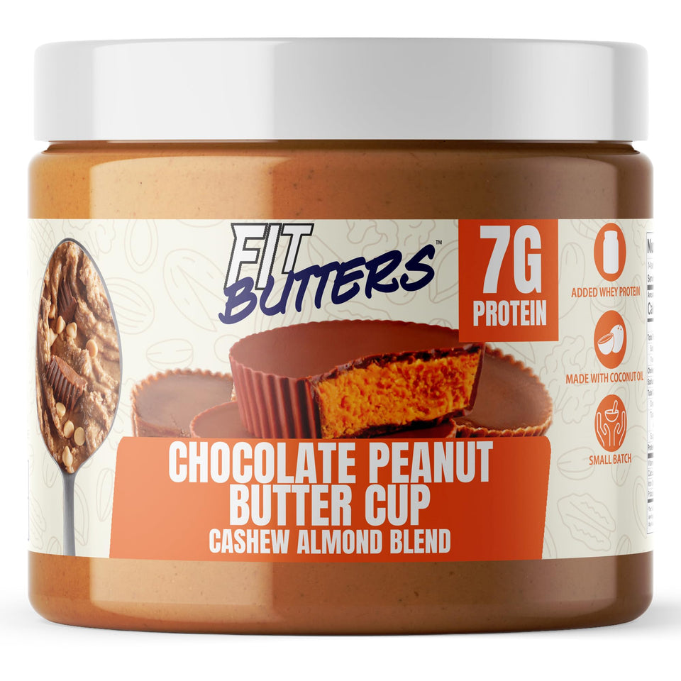 Fit Butters chocolate peanut butter cup spread jar showing creamy texture and protein-rich appeal