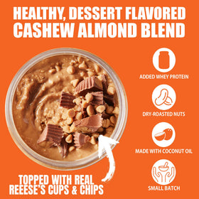 Fit Butters chocolate peanut butter cup spread on spoon highlighting dessert flavor and protein boost