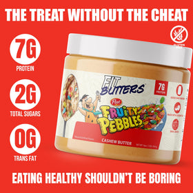 Fit Butters Fruity PEBBLES Cashew Butter shows dry roasted cashews for texture and fats.