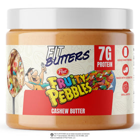 Fit Butters Fruity PEBBLES Cashew Butter jar with cereal pieces for snack flavor.