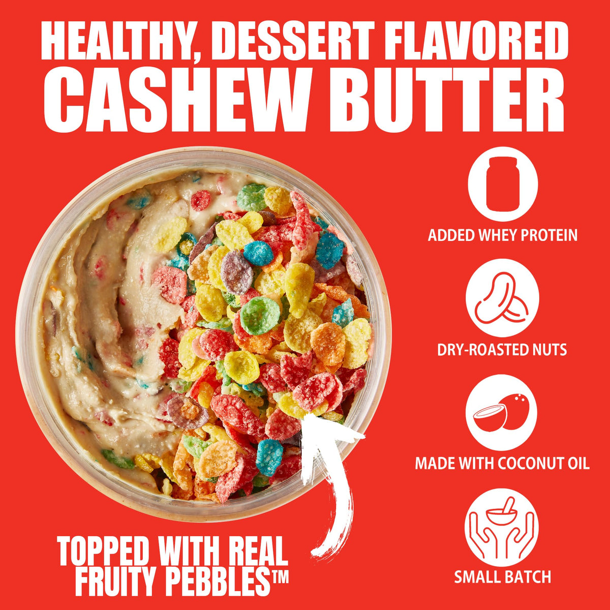 Close-up of Fit Butters Fruity PEBBLES Cashew Butter spread on toast.