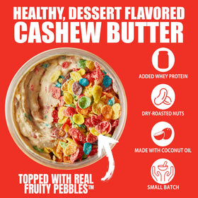 Close-up of Fit Butters Fruity PEBBLES Cashew Butter spread on toast.