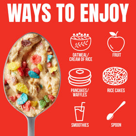 Fit Butters Fruity PEBBLES Cashew Butter reveals whey protein isolate for complete protein flavor.