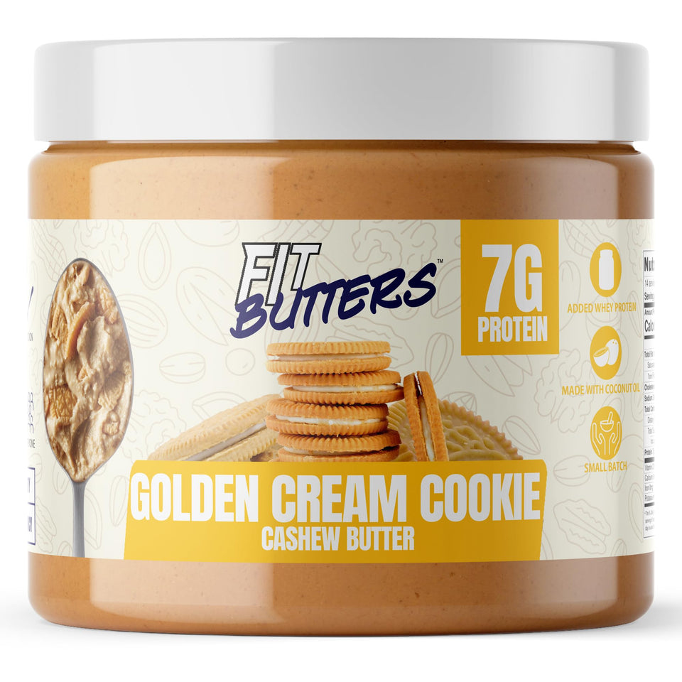 Fit Butters Golden Cream Cookie spread in a jar, protein-packed dessert snack.