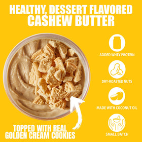Spoon dipping into Fit Butters Golden Cream Cookie spread for a protein-rich treat.