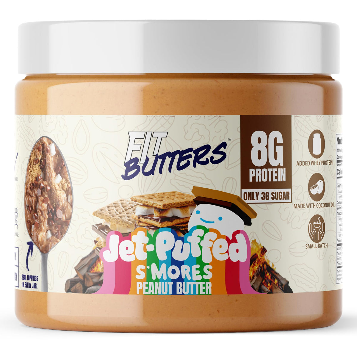 Fit Butters Jet-Puffed S'mores peanut butter jar with marshmallow bits for campfire flavor at home.