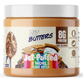 Fit Butters Jet-Puffed S'mores peanut butter jar with marshmallow bits for campfire flavor at home.