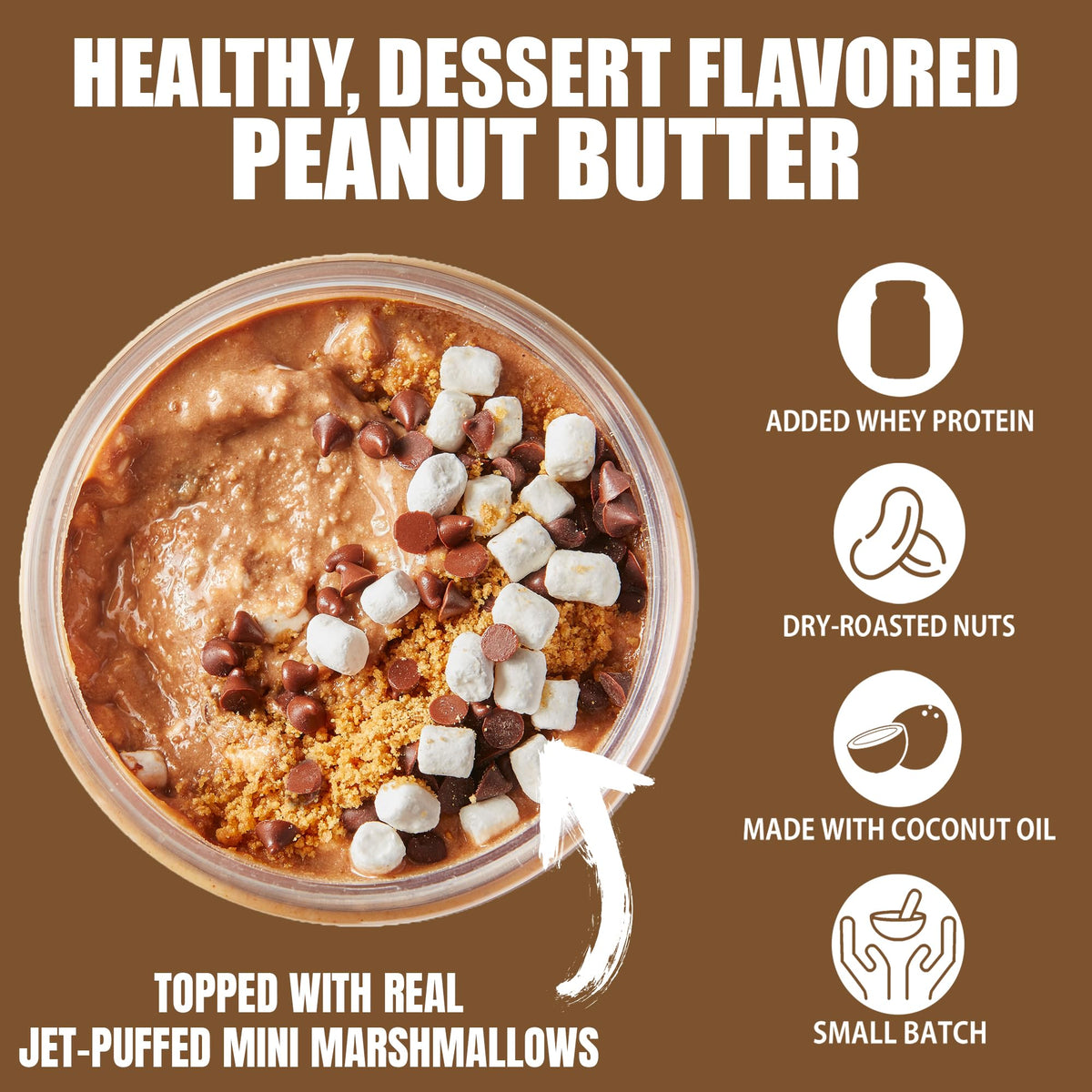 Fit Butters mini marshmallow bits jar showcases real marshmallows for authentic s'mores texture.