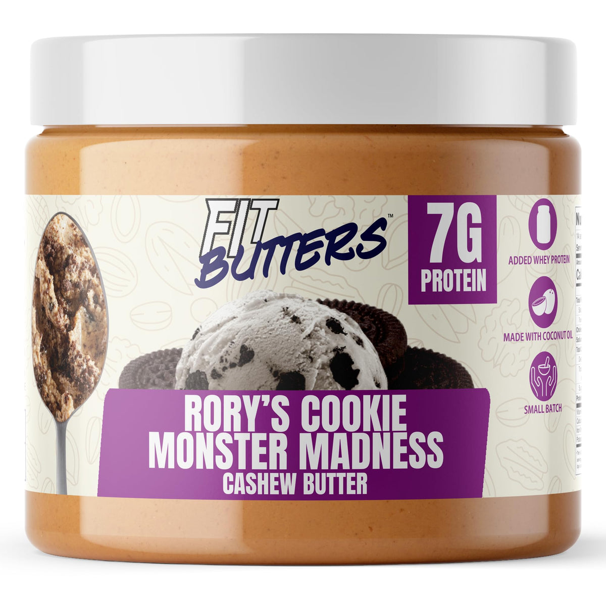 Fit Butters Rory's Cookie Monster Madness jar with cookies and cream flavor and Oreo crunch, protein-rich.