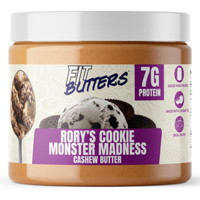 Fit Butters Rory's Cookie Monster Madness jar with cookies and cream flavor and Oreo crunch, protein-rich.