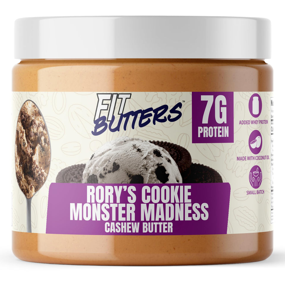 Fit Butters Rory's Cookie Monster Madness jar with cookies and cream flavor and Oreo crunch, protein-rich.