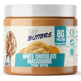 Fit Butters white chocolate macadamia protein peanut butter jar with creamy texture