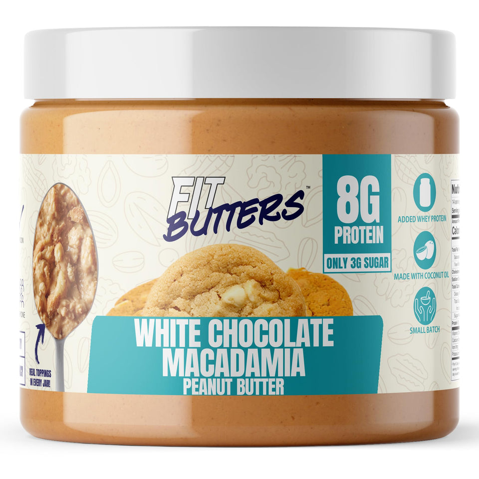 Fit Butters white chocolate macadamia protein peanut butter jar with creamy texture