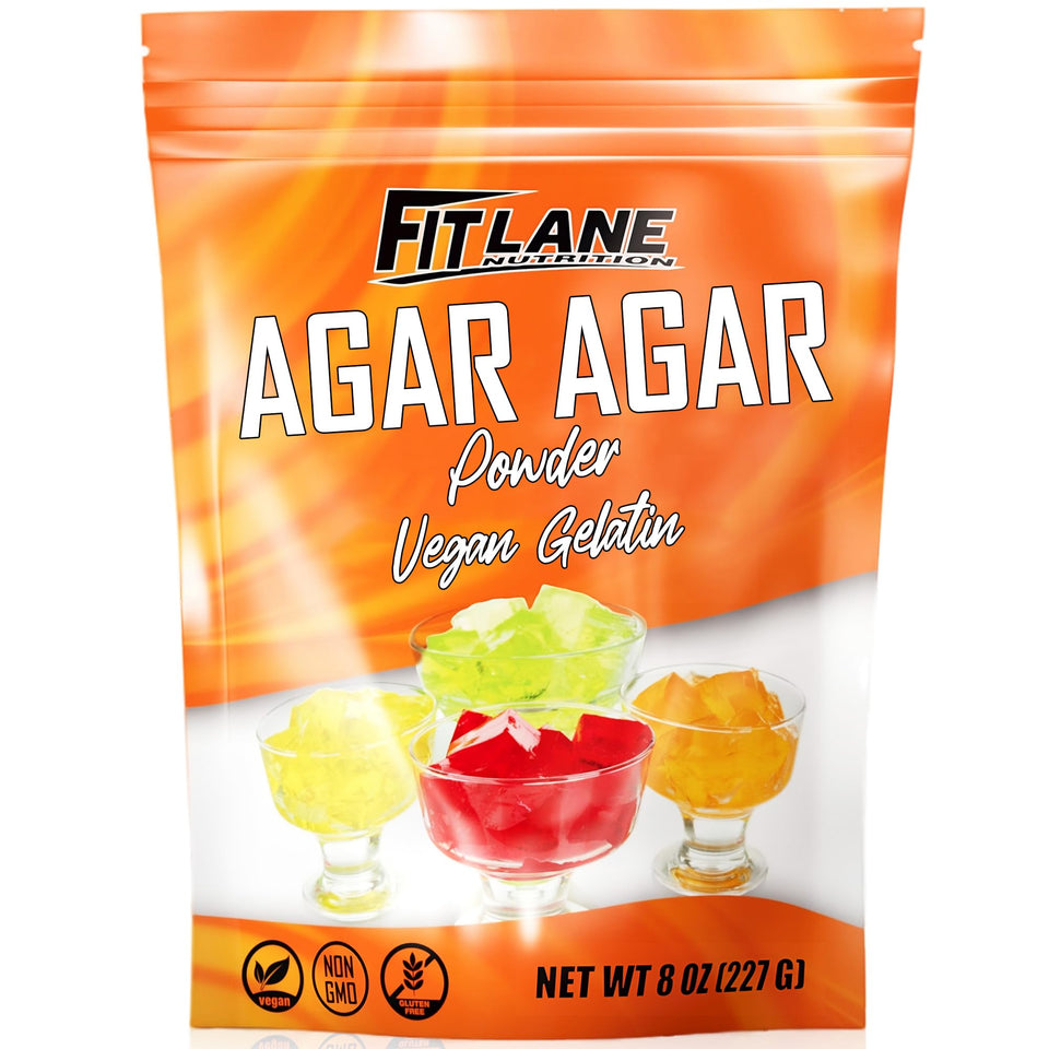 Fit Lane Agar Agar Powder bottle demonstrates plant-based thickener for vegan recipes.