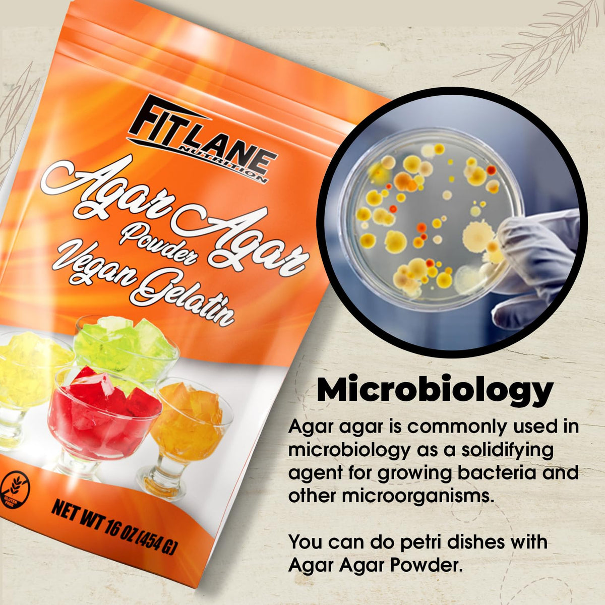 Fit Lane Agar Agar Powder packaging highlights pure additive-free ingredient.