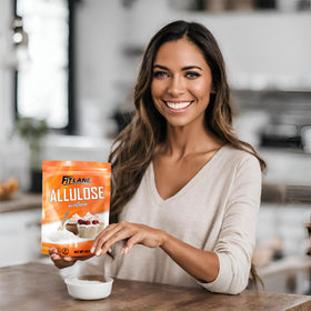 Fit Lane Allulose powder in baking dish showcasing versatile low-calorie sweetness.