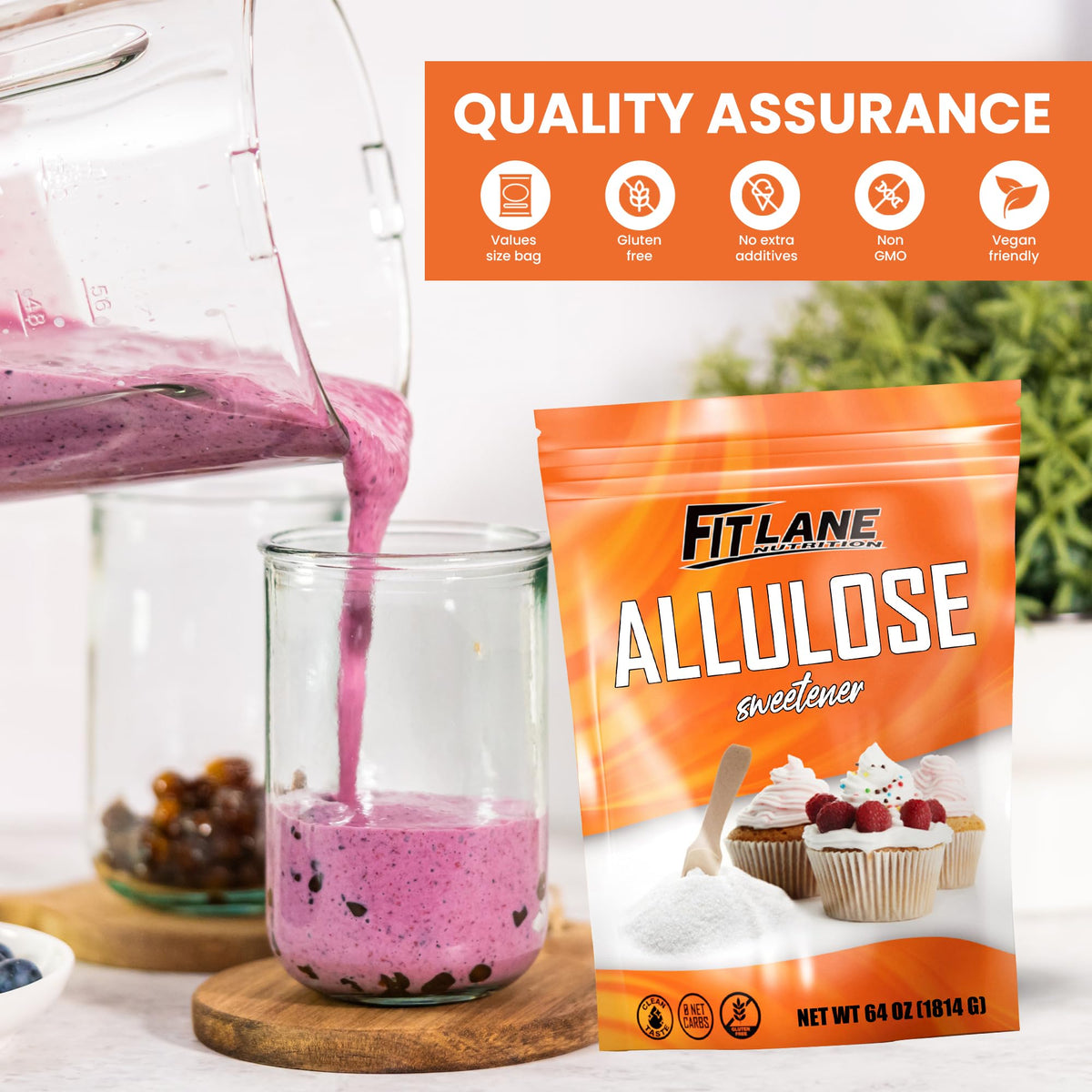 Fit Lane Allulose powder on a dessert plate for guilt-free treats.
