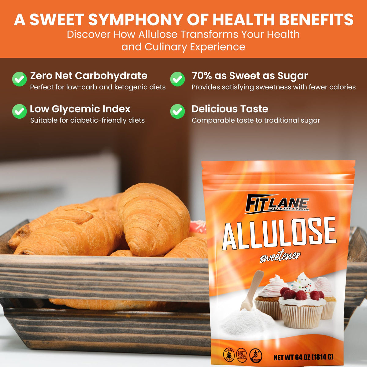 Fit Lane Allulose powder beside a coffee cup, easy to dissolve.