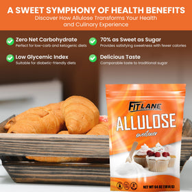 Fit Lane Allulose powder beside a coffee cup, easy to dissolve.