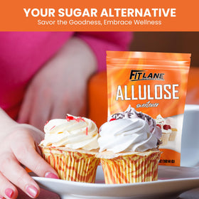 Fit Lane Allulose powder on a measuring spoon for precise sugar substitution.