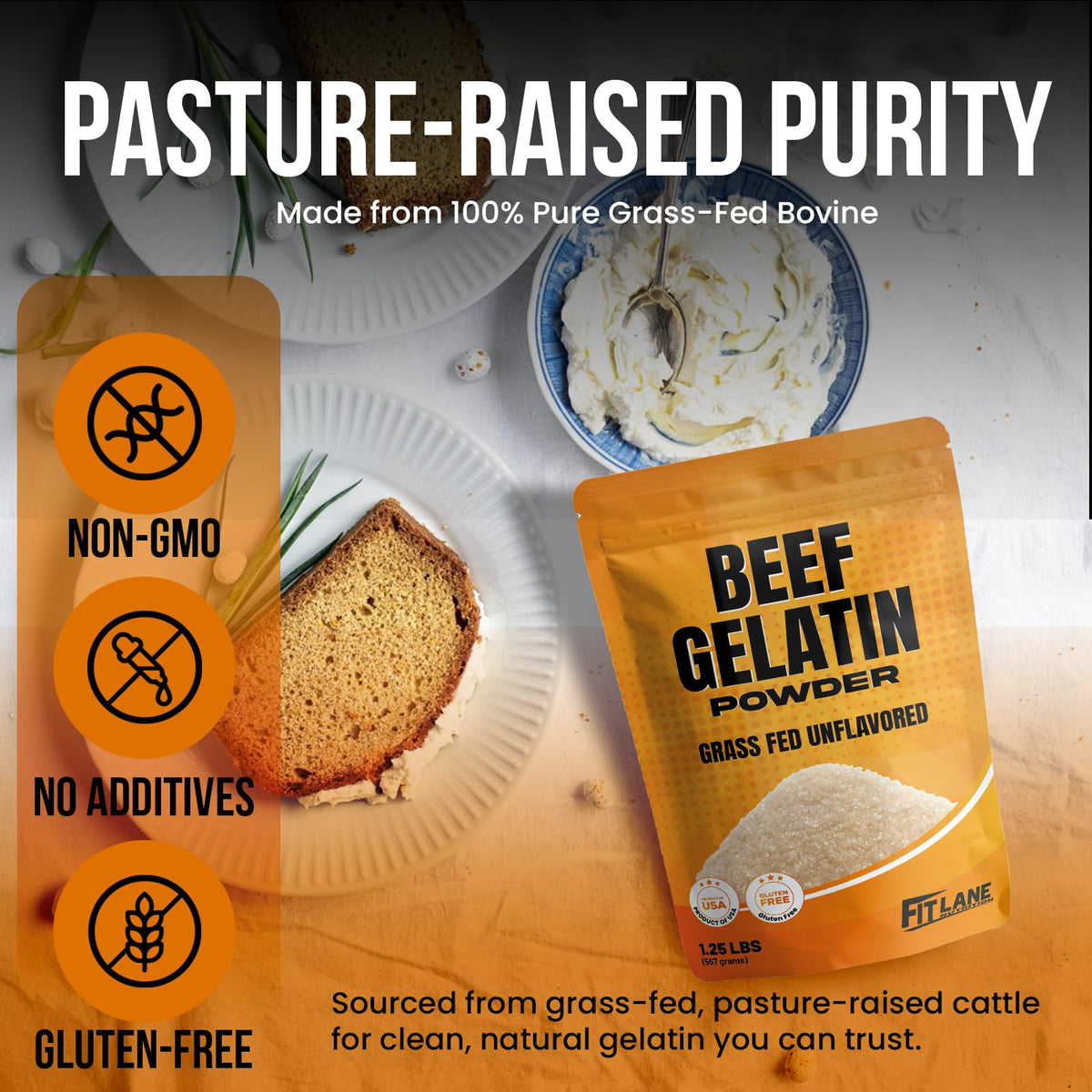 Fit Lane gelatin powder dissolving in hot liquid to form secure gels.