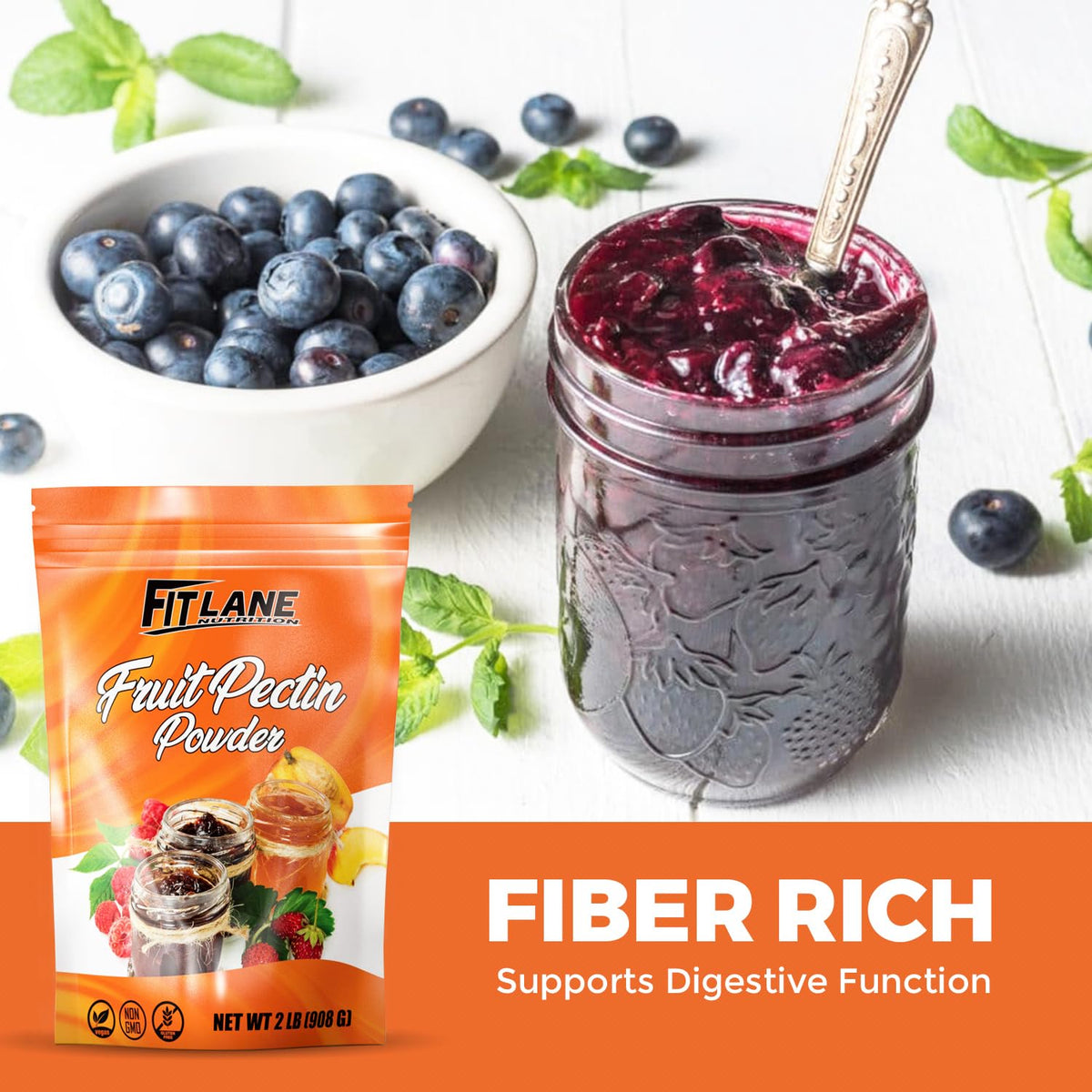 Product label of Fit Lane Fruit Pectin Powder with ingredients and usage