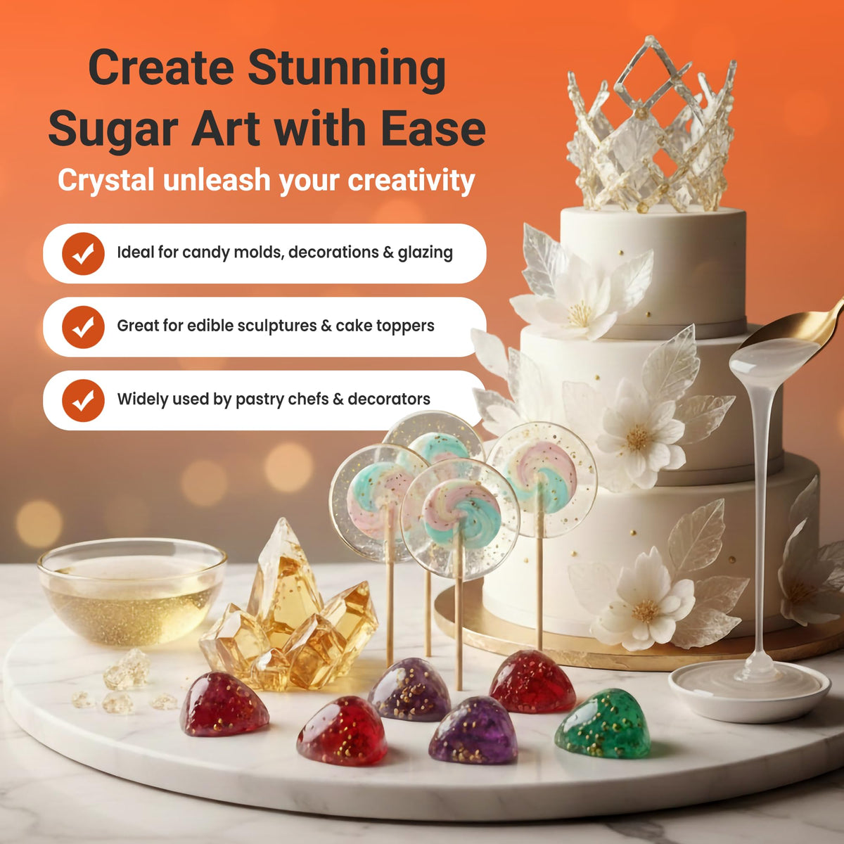 Fit Lane Isomalt Crystals provide reliable, stable sweetness for decorative pieces.