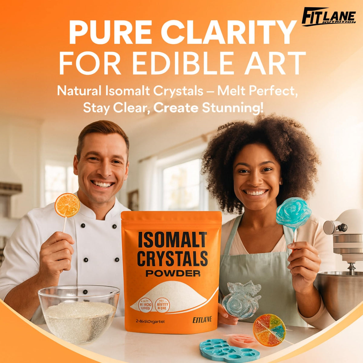Fit Lane Isomalt Crystals yield clear, glossy finishes for home bakers and chefs.