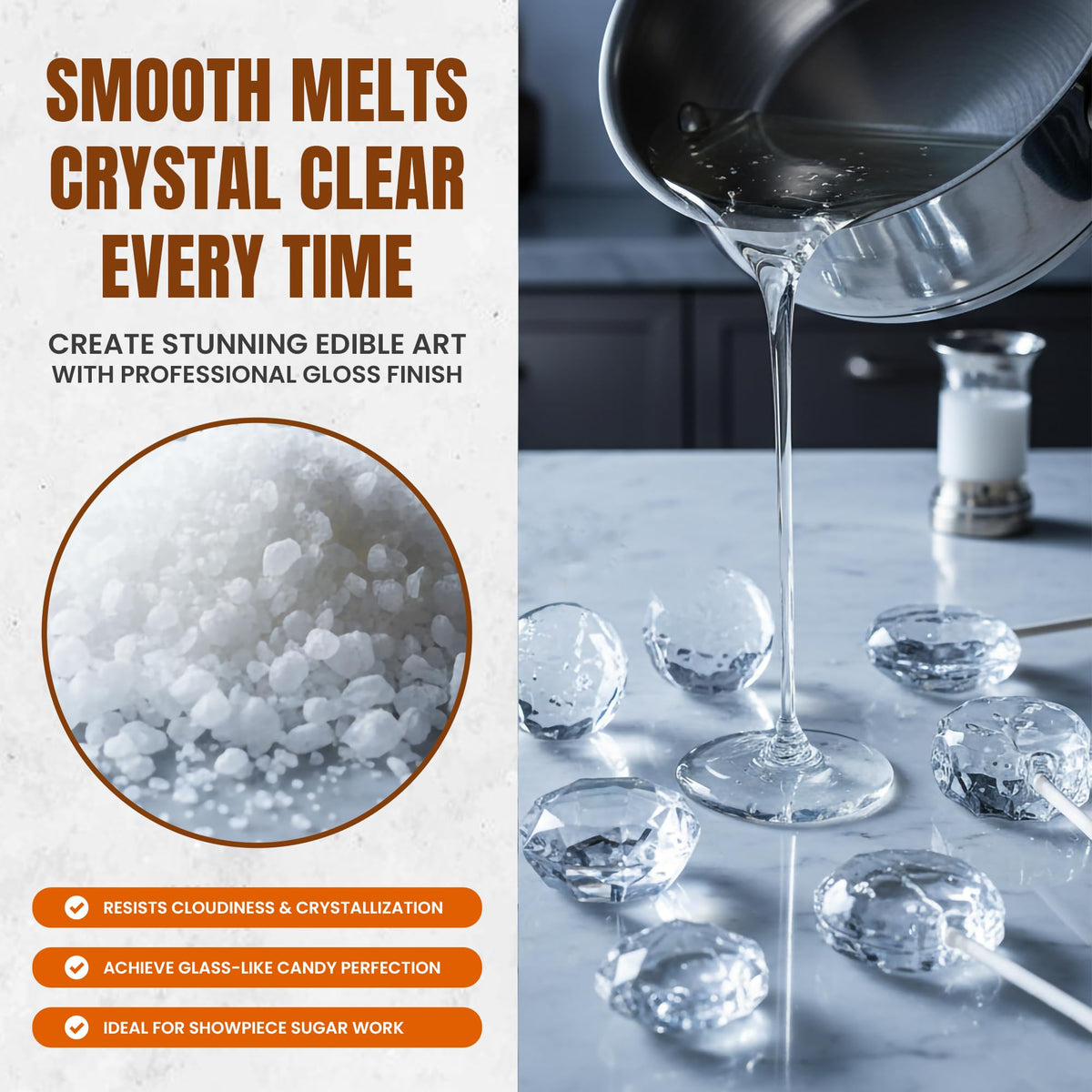 Fit Lane Isomalt Crystals pour smoothly into molds for sparkling sugar gems.