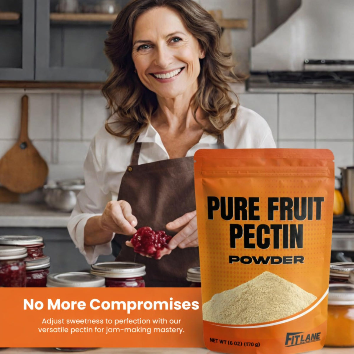 Fit Lane No Sugar Pectin fruit preserve close-up emphasizes fiber-friendly, lower-sugar results.