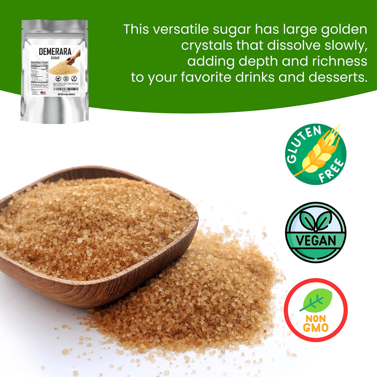 Fit Lane Demerara sugar coffee pour demonstrates slow-dissolving crystals for rich beverages