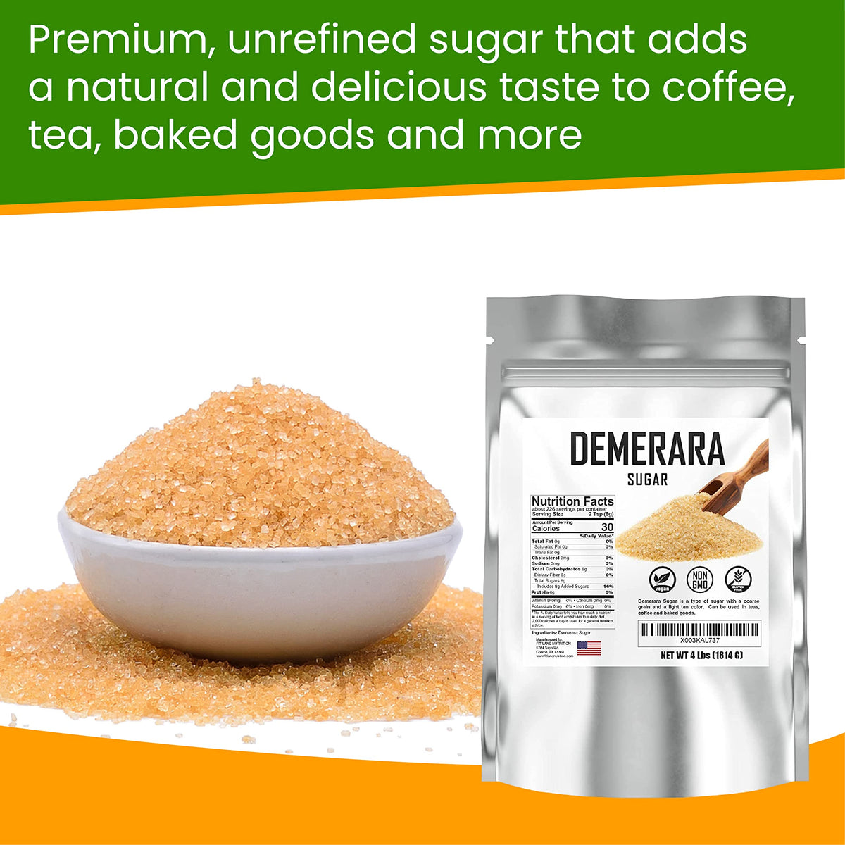 Fit Lane Demerara sugar golden crystals suggest caramel-like depth in beverages and pastries