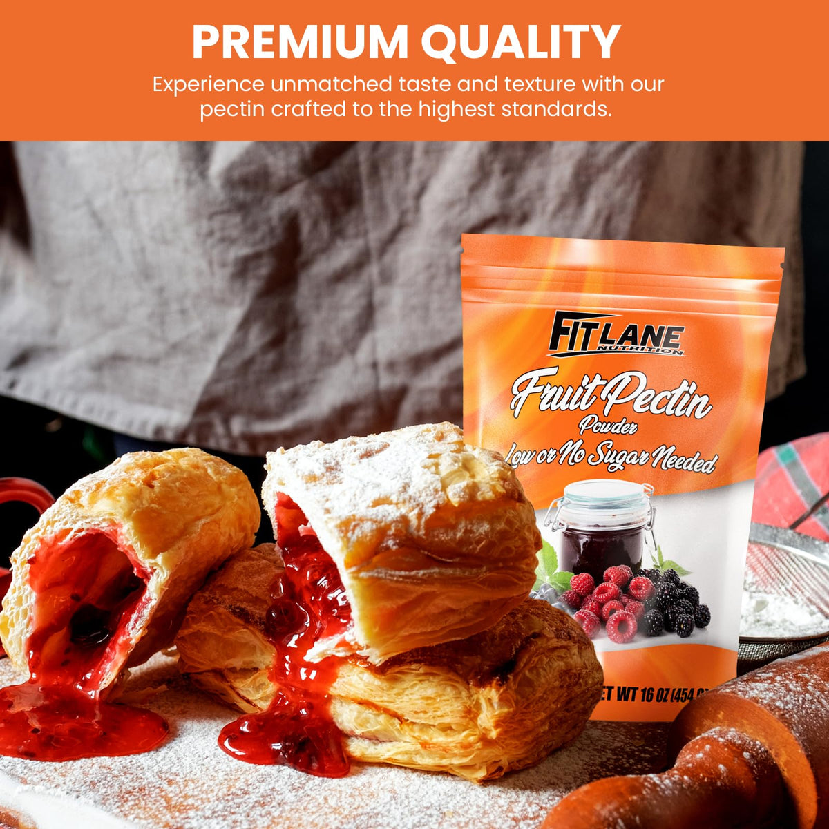 Fit Lane Nutrition pectin label highlights natural vegan non-GMO ingredients.