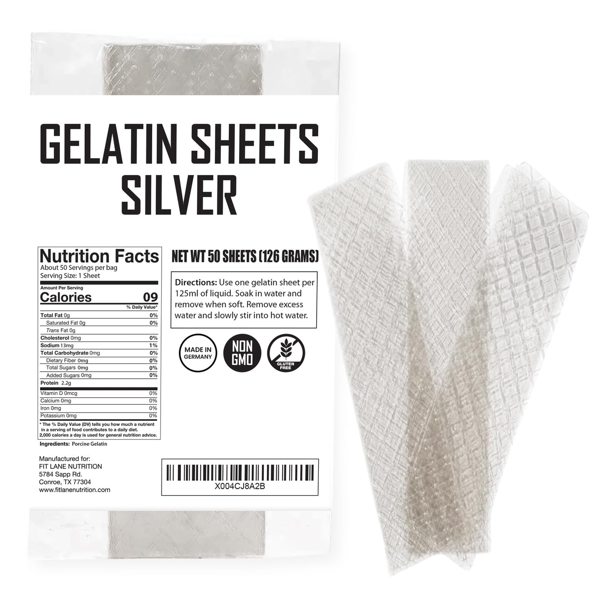 Fit Lane Nutrition silver gelatin sheets in packaging yielding reliable 50-sheet supply.