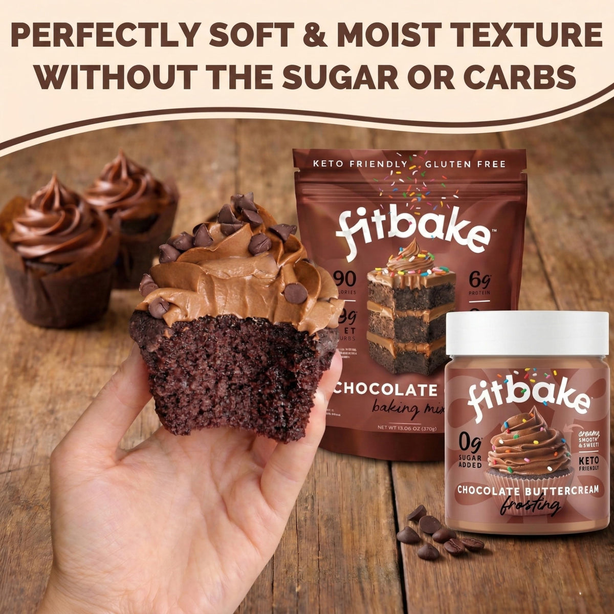 Baked FitBake chocolate cake slice showing moist crumb and rich color.