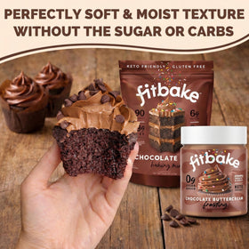 Baked FitBake chocolate cake slice showing moist crumb and rich color.