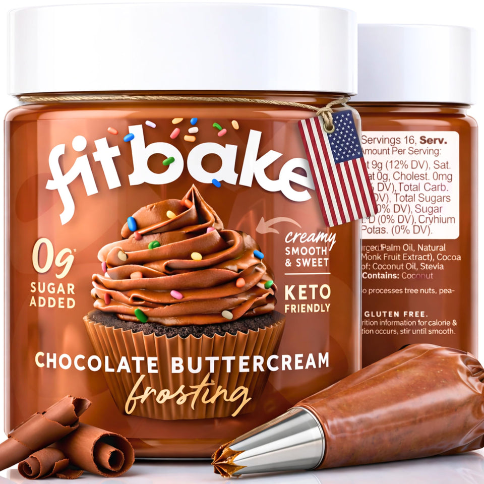 FitBake Chocolate Buttercream Frosting jar shows rich texture for keto dessert toppings