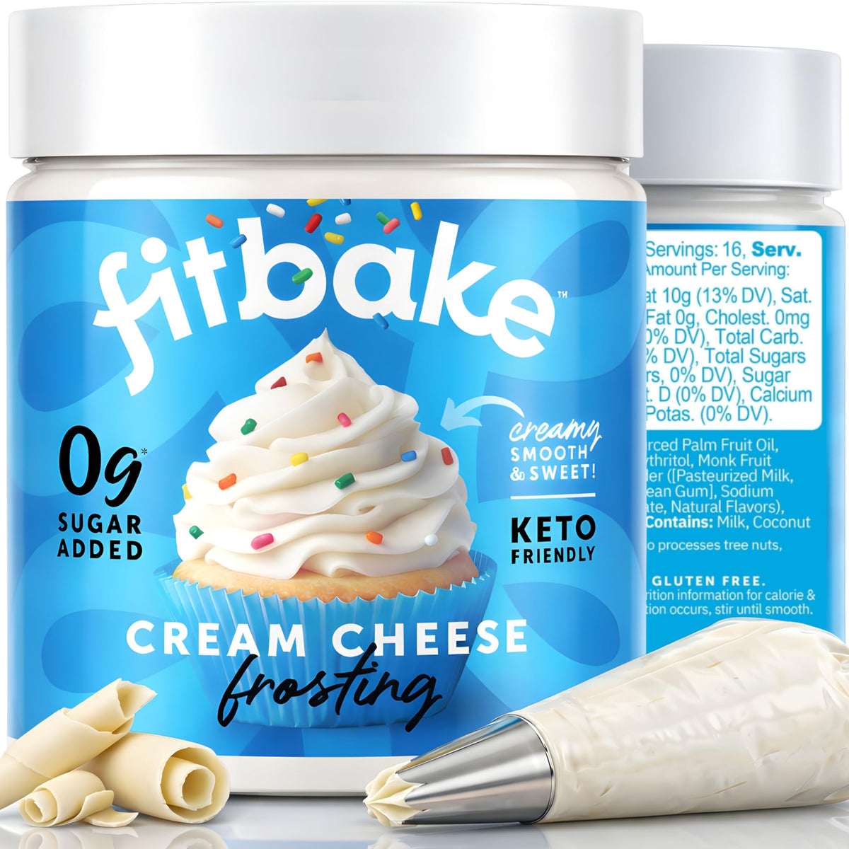 FitBake cream cheese frosting jar for quick keto dessert topping.