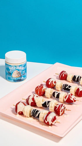 8oz FitBake frosting packaging on a kitchen counter.