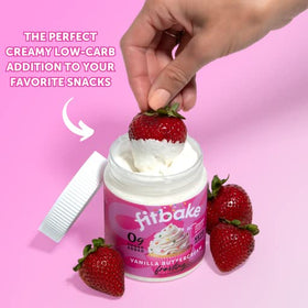 Gluten-free vanilla frosting on cupcakes by FitBake with zero added sugar