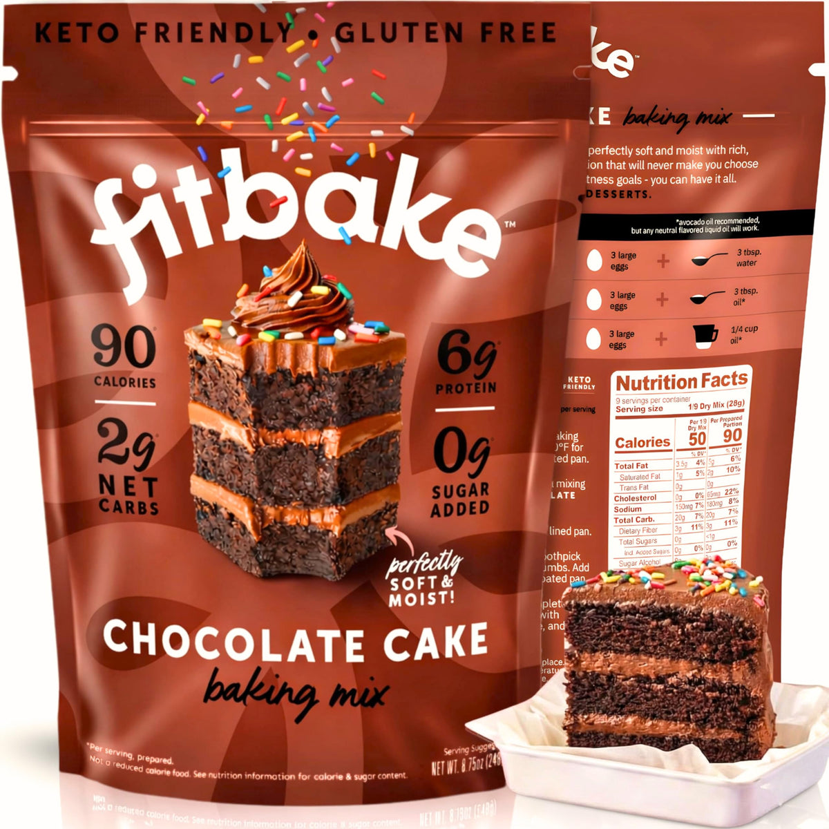 FitBake keto chocolate cake mix front label on the bag, highlighting zero sugar and gluten-free promise.