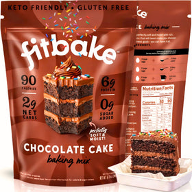 FitBake keto chocolate cake mix front label on the bag, highlighting zero sugar and gluten-free promise.