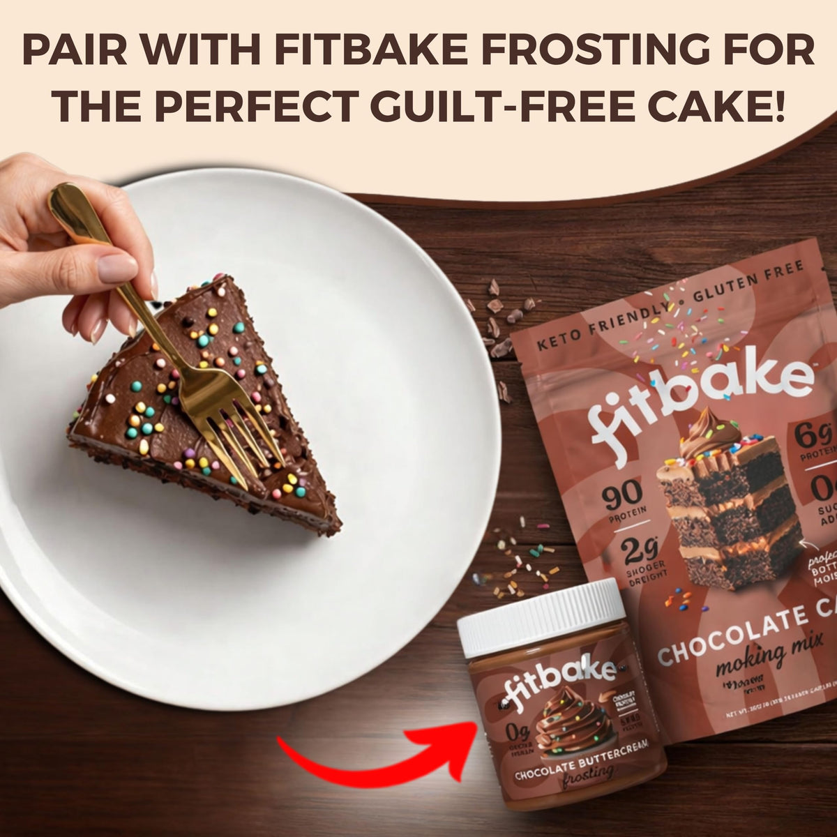 Serving idea with berries and whipped cream atop FitBake chocolate cake.