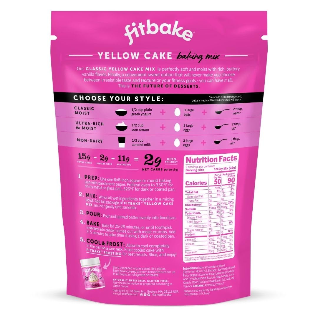 FitBake yellow cake mix batter being poured from a bowl for quick keto baking.