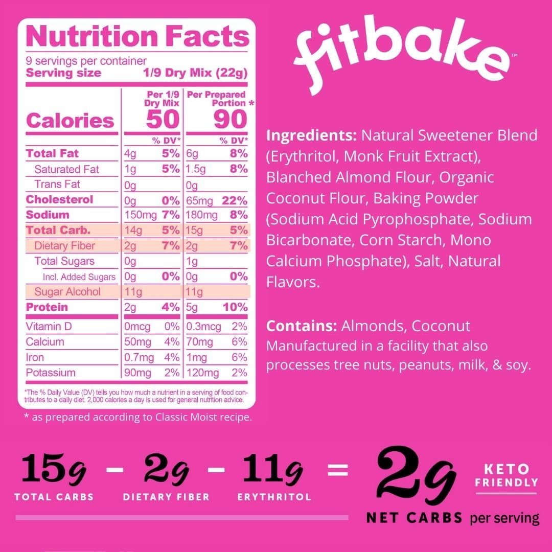 FitBake yellow cake mix ingredients shown for low carb, zero sugar potential.