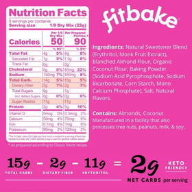 FitBake yellow cake mix ingredients shown for low carb, zero sugar potential.