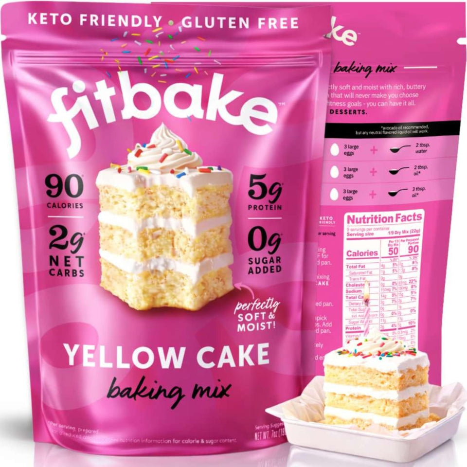 FitBake yellow cake mix packaging highlights keto-friendly, gluten-free dessert options.